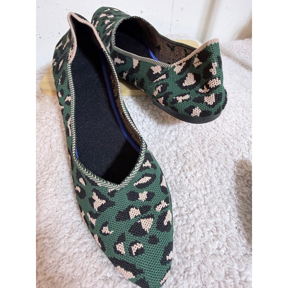 Green Leopard Print Pointed Toe Knit Flats Slip On Shoes Size 40